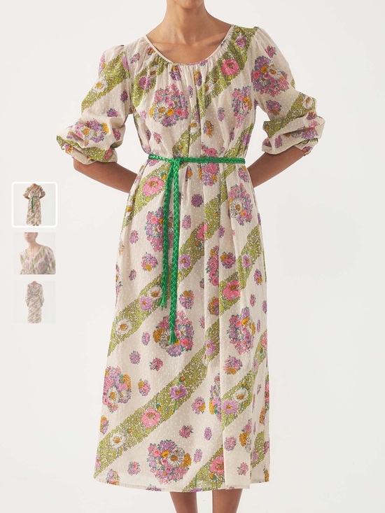 Antik Batik Dresses & Skirts - Antik Batik White Floral Midi Dress with Pink and Green Accents